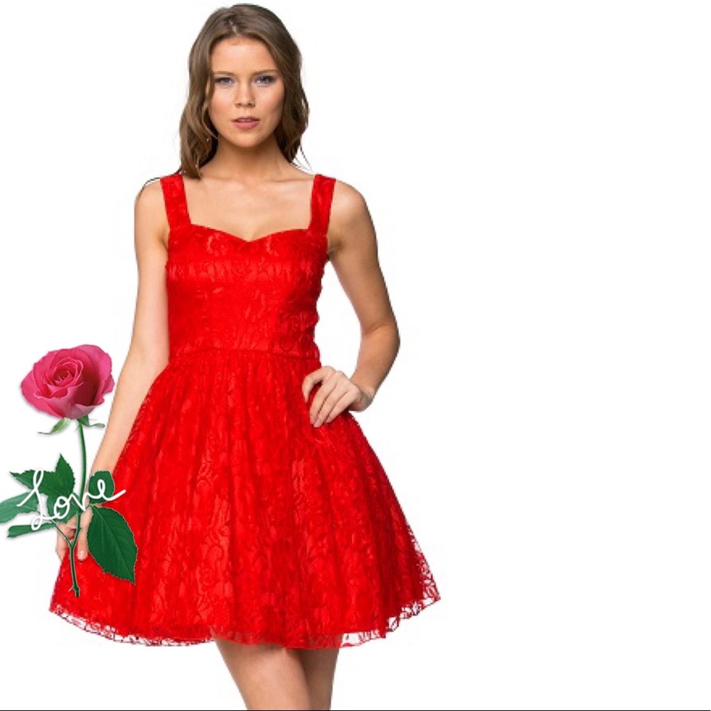Red lace skater dress with a sweetheart neckline